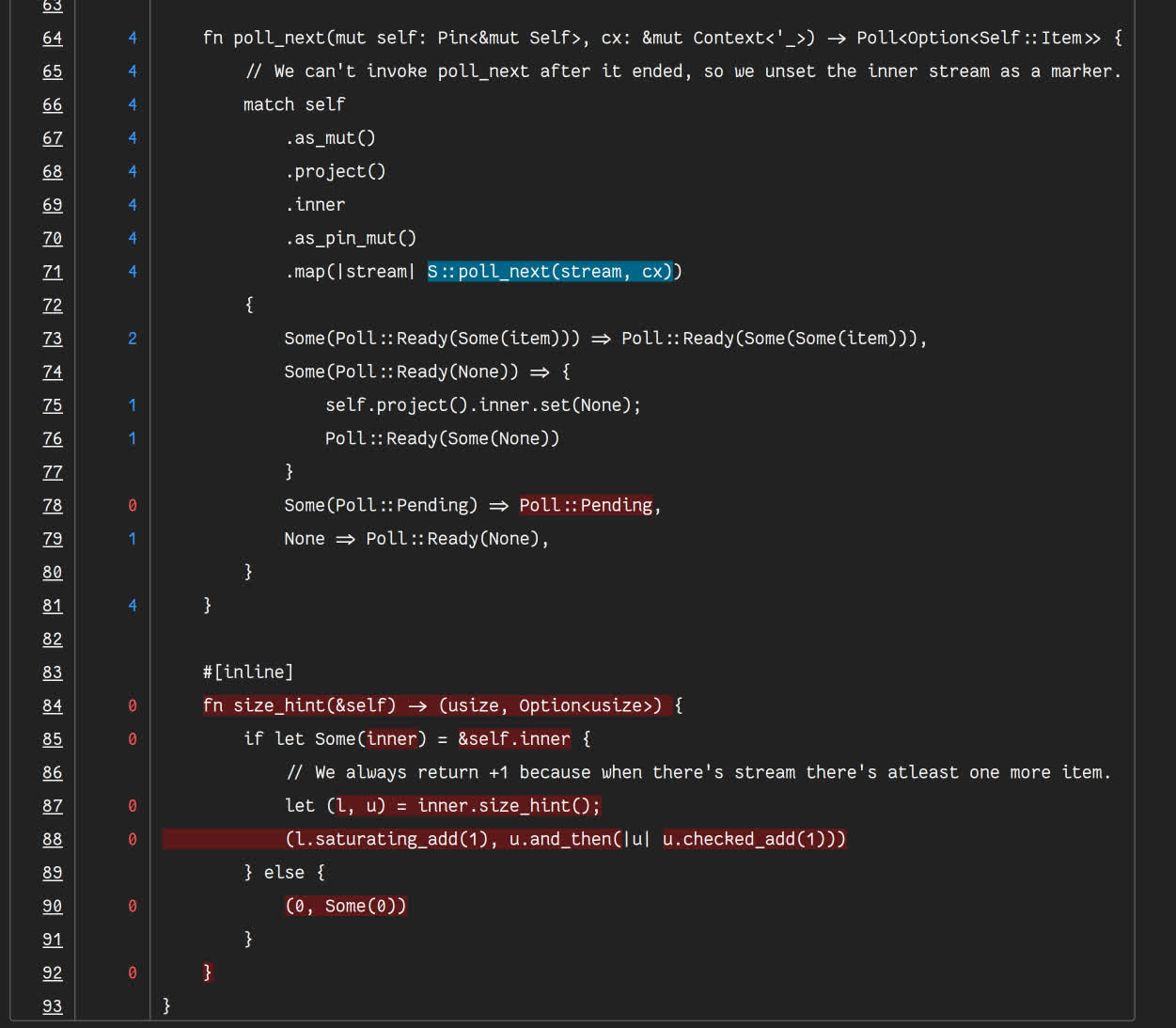 coverage report showing lines covered and not covered in the tokio codebase